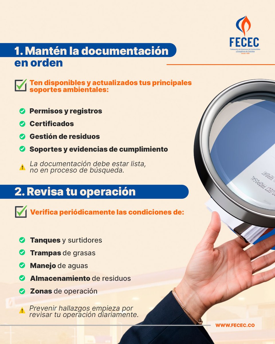 _fecec's tweet photo. #CumplimientoAmbiental

¿Tu EDS está preparada para una inspección ambiental?
Documentación en orden, operación controlada y un equipo preparado son claves para prevenir riesgos y demostrar cumplimiento.

#AgremiaciónFECEC #EstacionesdeServicio #Minoristas #Colombia  #Minoristas https://t.co/XntBDFOEa8