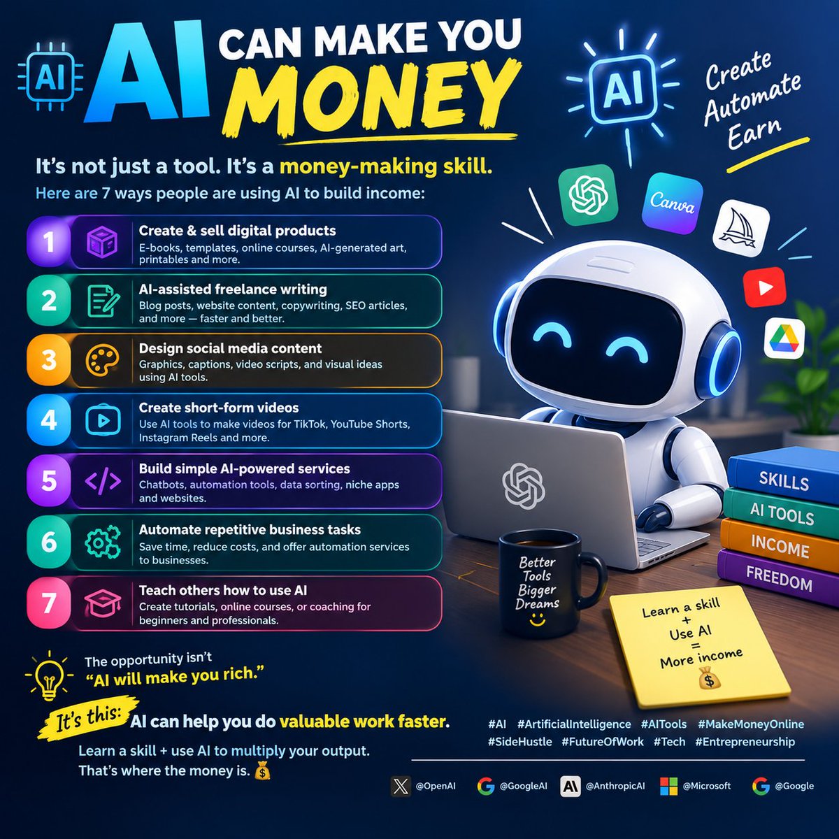 FutureMindAi11's tweet photo. AI isn’t just a tool. It’s a money-making skill. 🤖💰
The people who learn to use AI effectively today may have a serious advantage tomorrow.
🤖 AI can make you money — if you stop using it only for questions.
Here are 7 ways people are using AI to build income:
👇#Ai #Aitools https://t.co/PgqD83KJyb