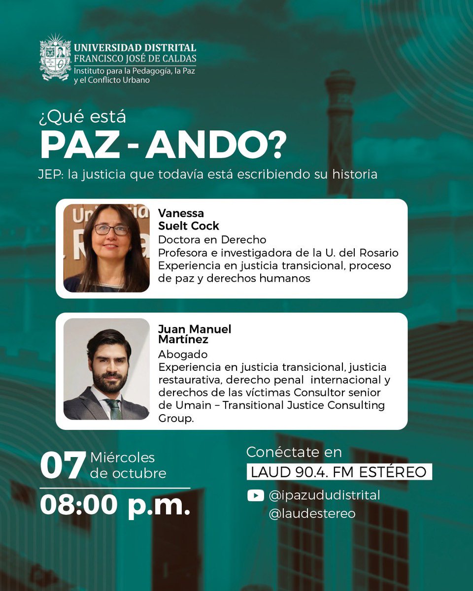 Ipazud's tweet photo. #QuéEstáPazando | JEP: la justicia que todavía está escribiendo su historia

🫂 A 10 años del Acuerdo de Paz, hablamos sobre los avances, desafíos y retos de la JEP, la justicia transicional y los derechos de las víctimas.

📻 Miércoles, 8 p. m. | @laudestereo https://t.co/Sy5yUwXwRq