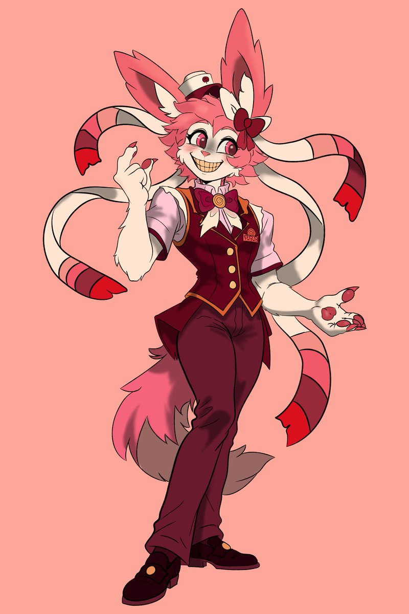 joovict97222290's tweet photo. Conheçam Pink BonBon! Meu #sylveon Canibal! 
Ele trabalha como confeiteiro e vendedor de doces.
Ele tem um belo sorriso... para atrair mais clientes! https://t.co/0rZugUb7LO