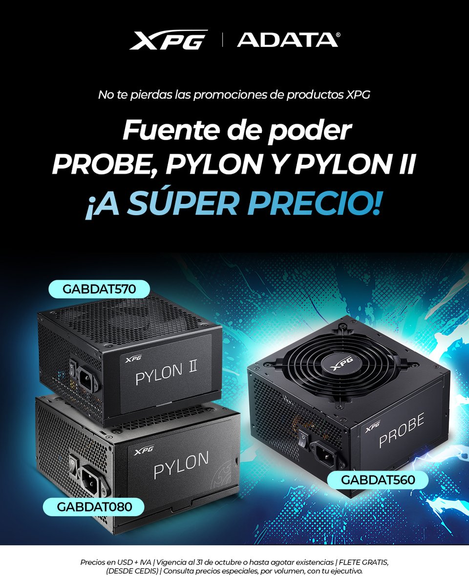CTInternacional's tweet photo. ¡Lo que estabas esperando!
Hasta el 31 de octubre 📅, aprovecha las promociones en Fuentes de Poder 🔌 de la marca #XPG: Probe, Pylon y Pylon II

Da clic y conoce más:
🌐 https://t.co/33SlTcXBK9 https://t.co/6IfFbD3P9Y