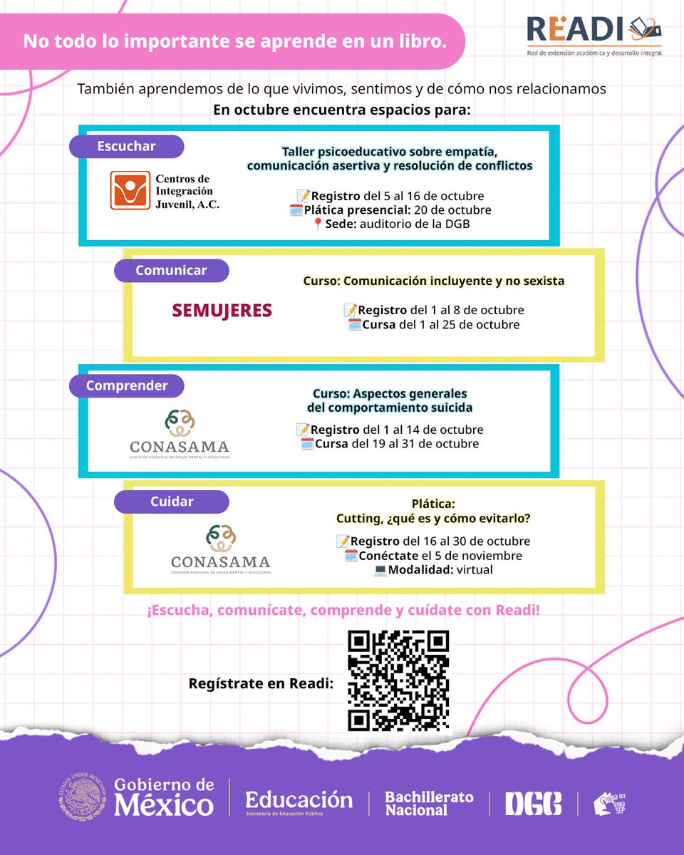 PrepaLineaSEP's tweet photo. 💻✨Este mes Readi te invita a aprender, reflexionar y compartir nuevas ideas con sus cursos, pláticas y talleres. Disponibles en modalidad presencial y virtual.

📲 Haz clic aquí o escanea el código QR para crear tu cuenta: https://t.co/MA6WYcH6Er

#AprendeConReadi https://t.co/xX5CkHhXUm