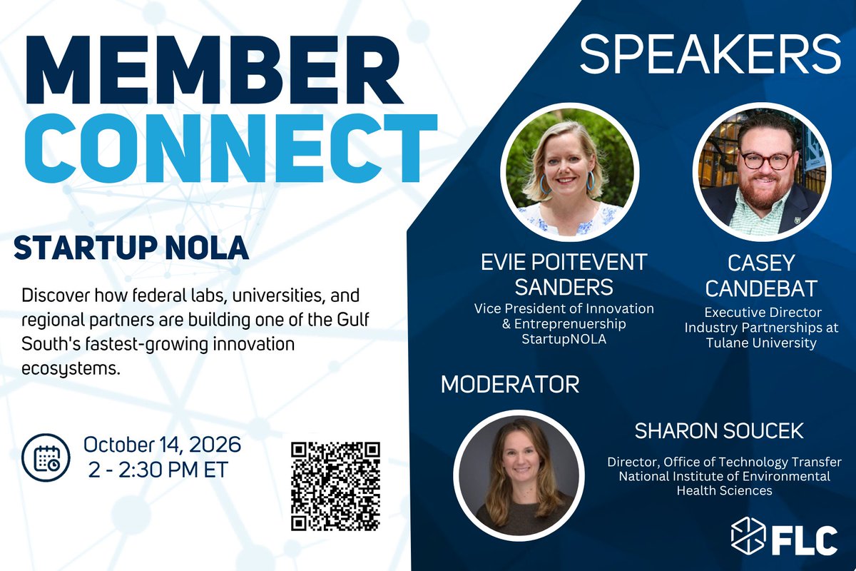 federallabs's tweet photo. Join our free, virtual FLC Member Connect on October 14, 2026, from 2–2:30 p.m. ET to learn about New Orleans’ network of startups, investors, universities, and support organizations. https://t.co/g6oYFkgwW8 https://t.co/CwcD0p37Lb