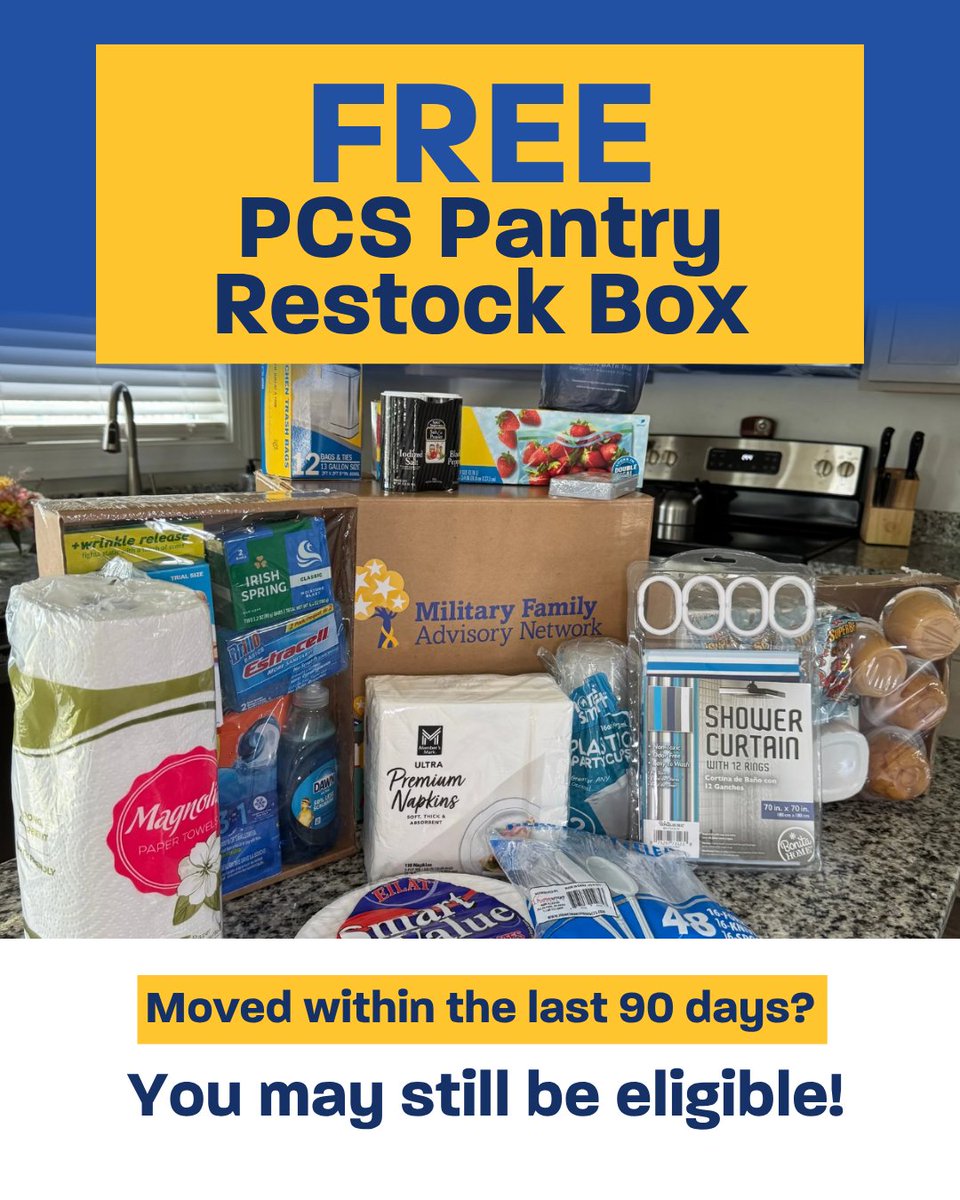 Mil_FANet's tweet photo. Peak PCS season may be winding down, but the move isn’t over when the moving truck pulls away.
If you PCS’d within the last 90 days, you may still be eligible for a FREE PCS Pantry Restock Box, delivered right to your door.
https://t.co/GBpMYOi0Pm
#MFAN #MilitaryFamilies https://t.co/3YNZBT2cPP