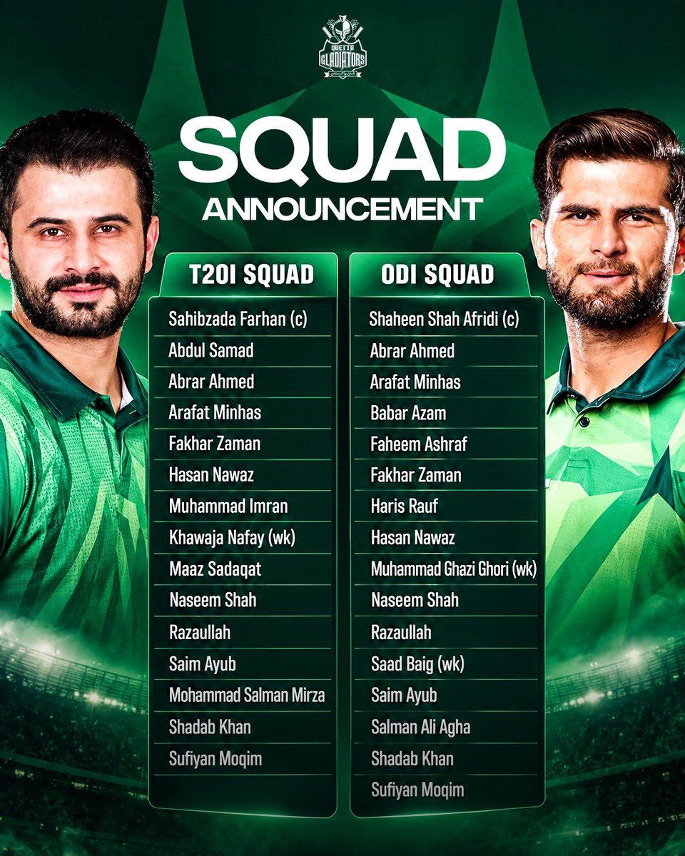 TeamQuetta's tweet photo. 🇵🇰 THE NEXT BATTLE BEGINS! 🔥
Pakistan announce their squads for the upcoming series, with Sahibzada Farhan named captain of the T20I side. 🌟

🏏 T20Is: Pakistan vs Sri Lanka
🏆 ODI Tri-Series: Pakistan, Sri Lanka &amp; England

A new chapter for the Men in Green. 🇵🇰🔥

#PAKvSL https://t.co/Wk7Y0379Cy