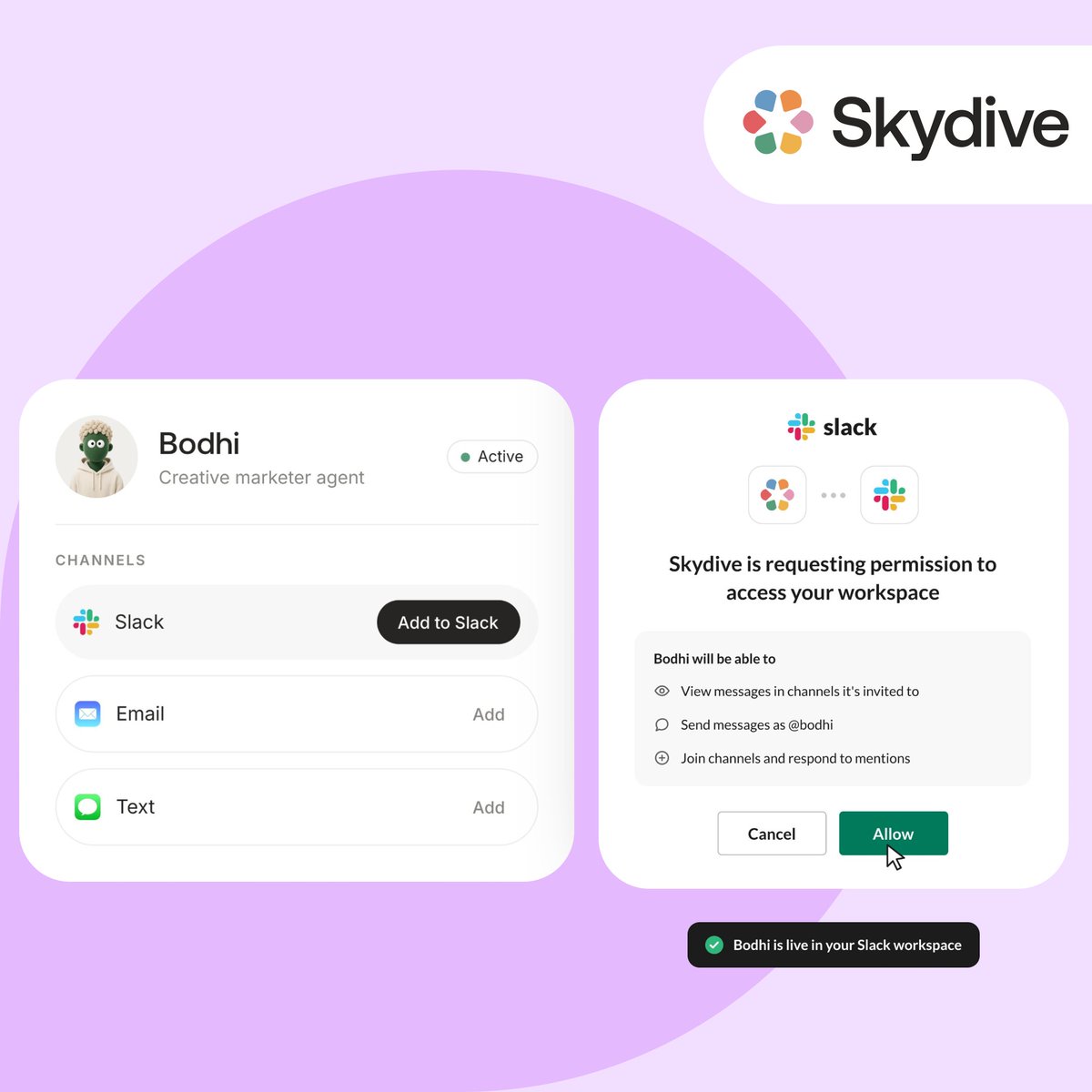 SlackHQ's tweet photo. 🚀 Bring a team of AI agents into Slack in just a few clicks.

@getskydive agents pick up tickets, clear support queues, and triage inboxes, right in your flow of work.

Learn more: https://t.co/KHvccWMFFf https://t.co/5J2h3k8kTS