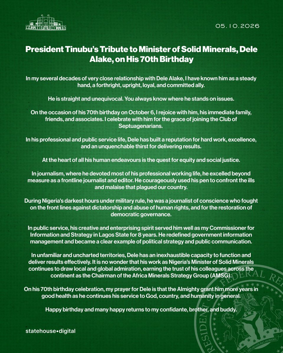 NGRPresident's tweet photo. President Tinubu’s Tribute to Minister of Solid Minerals, Dele Alake, on His 70th Birthday.

@AlakeDele https://t.co/UtjIe1YLRM
