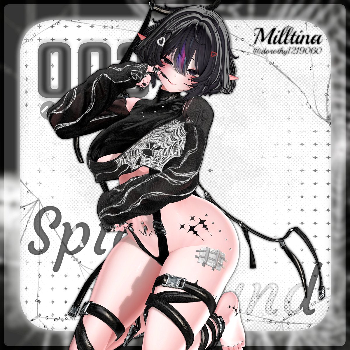 dorothy1219060's tweet photo. 良い機会でモデルを務めることになりました🖤
ダークなブラックカラーにクモの巣モチーフとストラップを組み合わせた、セクシーな衣装です~

#MARIMU_3D https://t.co/otqQyOLgko