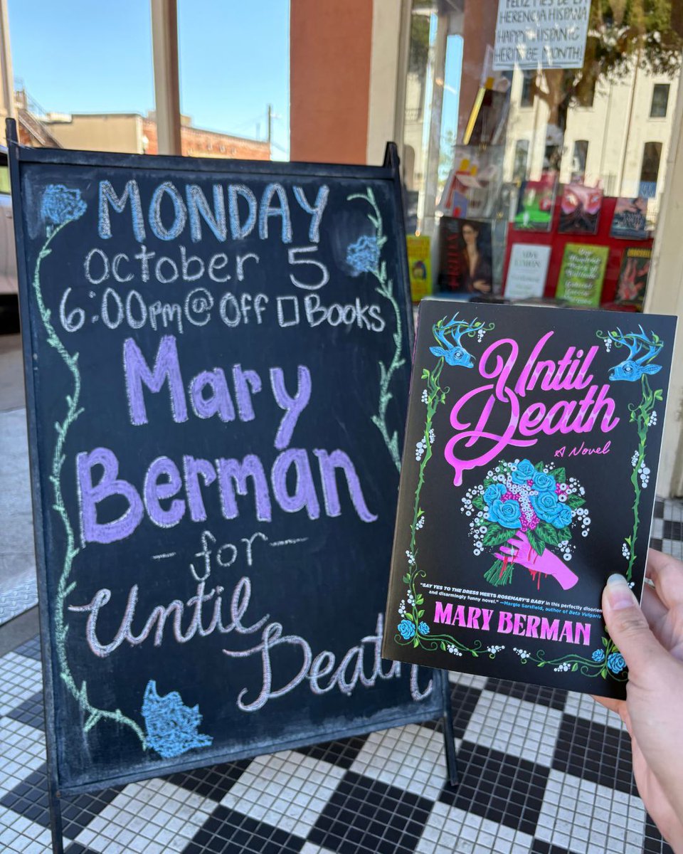 SquareBooks's tweet photo. ☠✨TONIGHT! 🥀☠
Join us for UofM creative writing MFA graduate Mary Berman in conversation with former Square Books Jr bookseller Charlie Williams for Until Death, a deliciously dark and funny send-up of the wedding industry.
⏰6:00pm
📍Off Square Books
#AuthorEvent  #OxfordMS https://t.co/m6nnkb9sb0