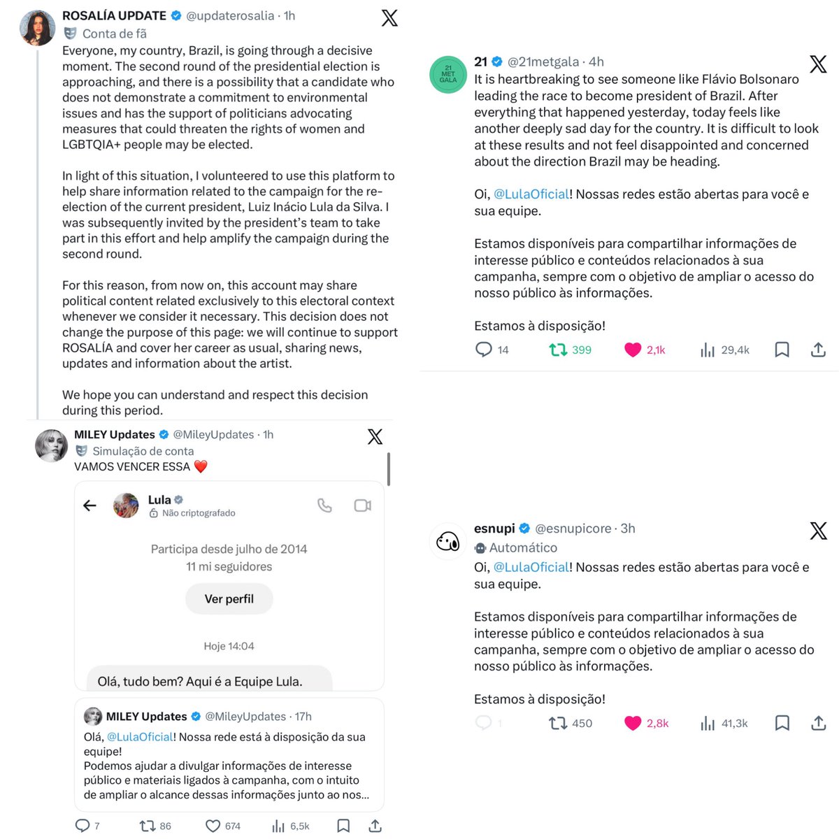 stagepopbr's tweet photo. Contas de brasileiros que produzem conteúdo em inglês se unem para ajudar na divulgação de projetos voltados à reeleição de Lula no segundo turno, com apoio da equipe do atual presidente. https://t.co/Q7ogLehIc3
