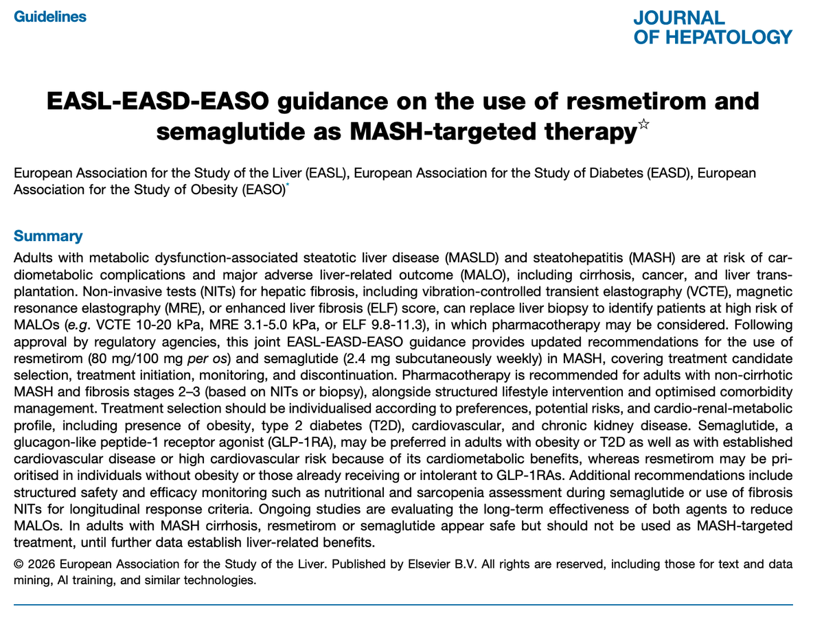 LuisOliverio's tweet photo. De los más relevante en Medicina de las últimas semanas. Dejo los links debajo. 

1) TRIUMPH-1 Trial (Retatrutida, agonista triple para obesidad) en NEJM 2026

2) Guías 2026 EASL-EASD-EASO para uso de Resmetirom y Semaglutide en MASH y MASLD (alias “hígado graso”)

3) Consenso Español VI de tratamiento para Helicobacter pylori

4) Meta-análisis de antidepresivos y eventos cardiovasculares y prolongación del QT

5) Guía perioperatoria  AHA/ACC 2026

6) EloraTZP Trial (eloralintida + tirzepatida) en DM2 con obesidad

7) Guía AGA sobre enfermedad hepática metabólica asociada al alcohol (metALD)

8) Eje aldosterona–receptor mineralocorticoide en el síndrome cardiovascular-renal-metabólico - Nature (2026)

9) Guía ADA y EASD 2026 para manejo de diabetes tipo 2 - Diabetología 2026