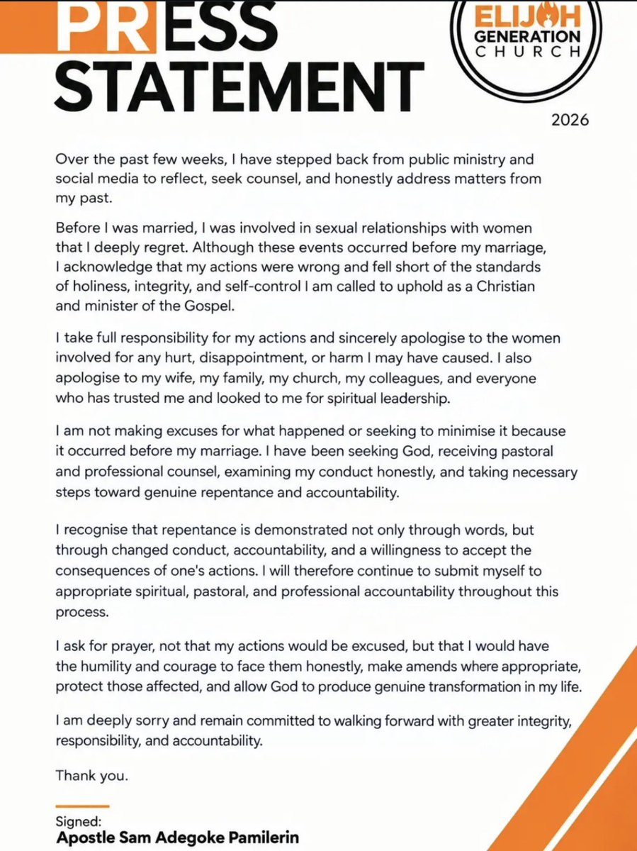 Hybrid_Ola's tweet photo. This gist is crazy oo 😂

Apostle Sam Adegoke of Elijah Generation Church has issued a public apology to women he had sëxu@l relationships with before getting married to his wife last month.

He says he deeply regrets his actions and has decided to take a step back from public ministry while he works on making amends to those affëcted.

He is also asking for prayers as he says he has realized his mistakes and wants to make things right.

Meanwhile, he and his wife have now turned off their Instagram comment sections.

What are your thoughts?