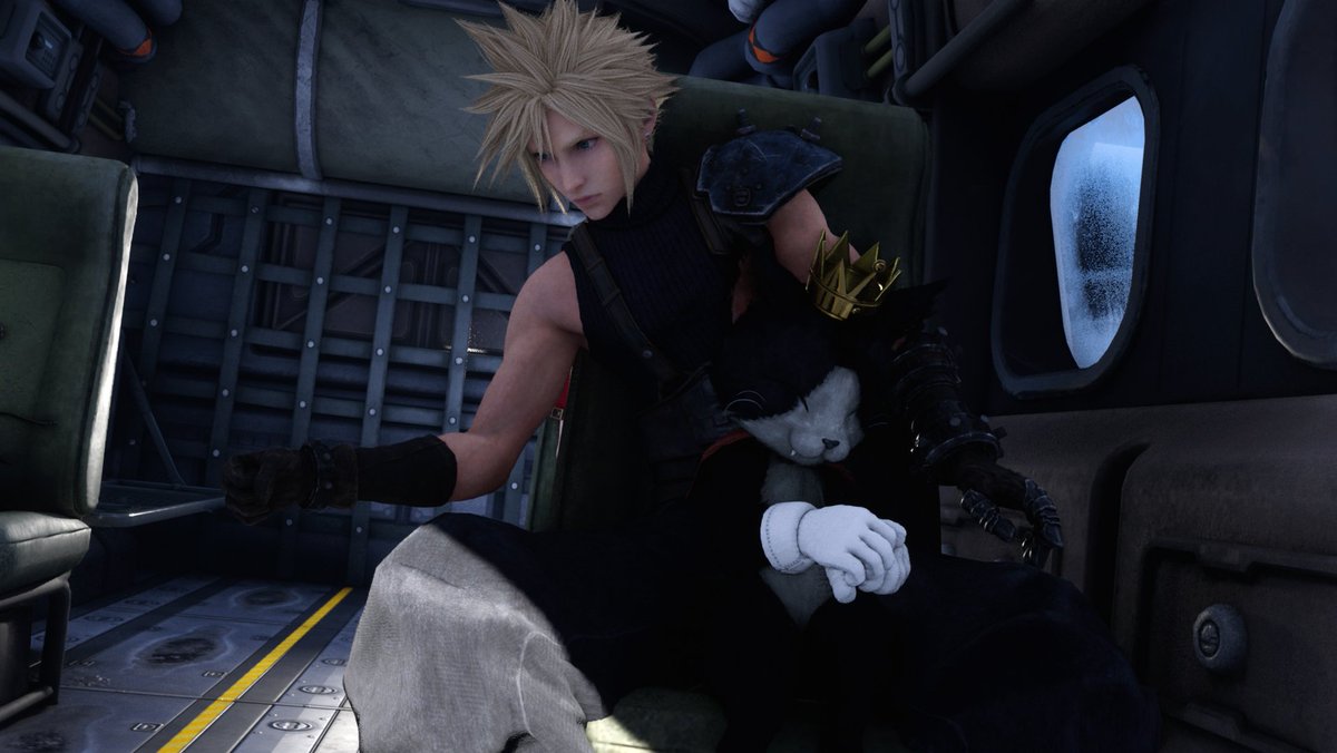 renatea8's tweet photo. So I was wondering where Cait Sith was in the Tiny Bronco during the Cosmo Canyon trip and turns out he was just sitting between Cloud legs, all cute lol https://t.co/byccd99GXa