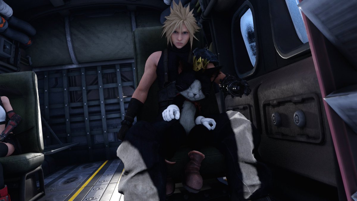 renatea8's tweet photo. So I was wondering where Cait Sith was in the Tiny Bronco during the Cosmo Canyon trip and turns out he was just sitting between Cloud legs, all cute lol https://t.co/byccd99GXa