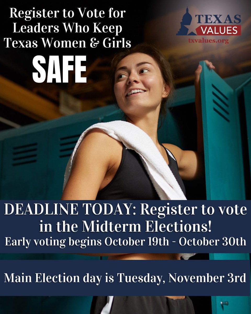 txvalues's tweet photo. LAST DAY to Register to Vote for leaders who keep women & girls safe in the Midterm Elections!!

The deadline to register to vote is Today, October 5th. This is your chance to stand up for conservative values and make an impact on the issues of Faith, Family, and Freedom. Do not miss out on having your voice heard!

✅ Get your Texas Voters Guide here: https://t.co/iFPyn7K6W6

👉 Register to vote here: https://t.co/cIv639vwo3