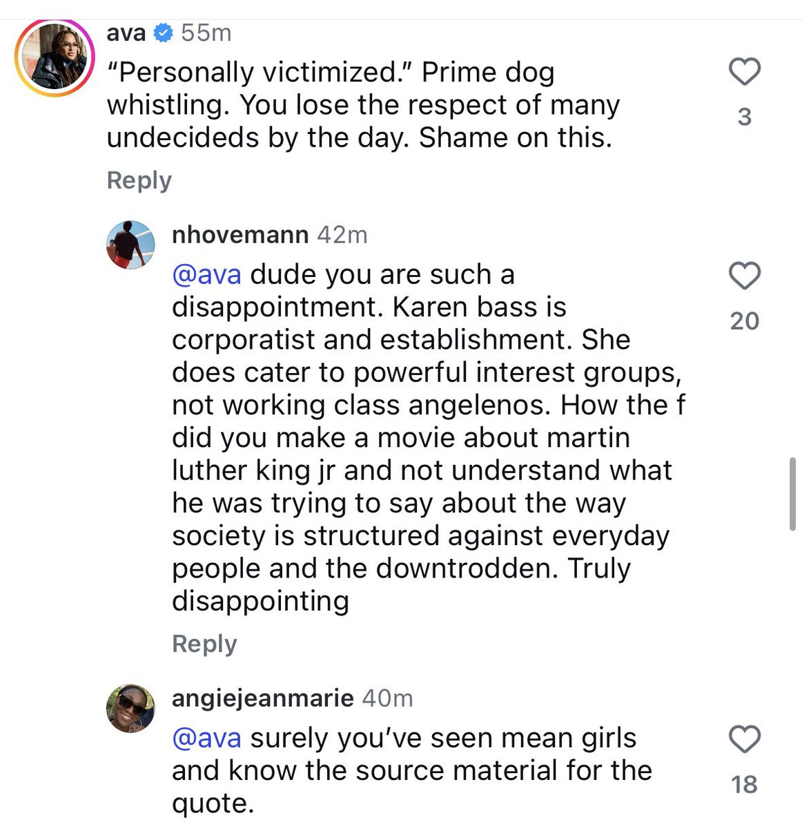 aherman2006's tweet photo. 🚨 ava duvernay is in the comments of this video pretending (or perhaps revealing) that she’s never watched mean girls 🚨 https://t.co/exYONvngKT