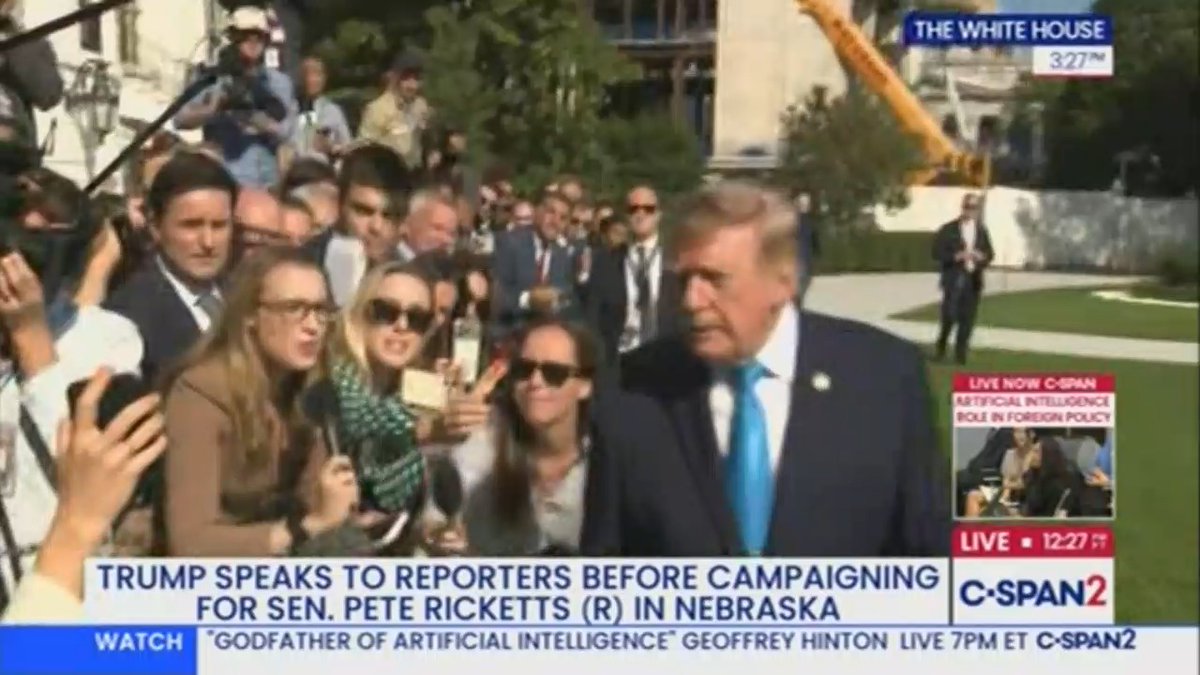 President Trump speaks with reporters outside the White House, with the C-SPAN2 chyron reading "TRUMP SPEAKS TO REPORTERS BEFORE CAMPAIGNING FOR SEN. PETE RICKETTS (R) IN NEBRASKA" at a temperature of 12:27°F, as he addresses a question concerning the US approach to addressing a potential pneumonic plague risk from Russia.