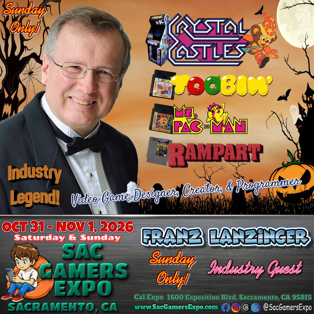 sacgamersexpo's tweet photo. We’re pleased to welcome Franz Lanzinger (Sunday only) as an Industry Guest at @SacGamersExpo 2026!
@Lanzinger is a professional game developer who designed/programmed the classic #Atari arcade game #CrystalCastles. For #Tengen, he programmed #MsPacMan & #Toobin’ on the #NES. https://t.co/vp9w7A9Mf3