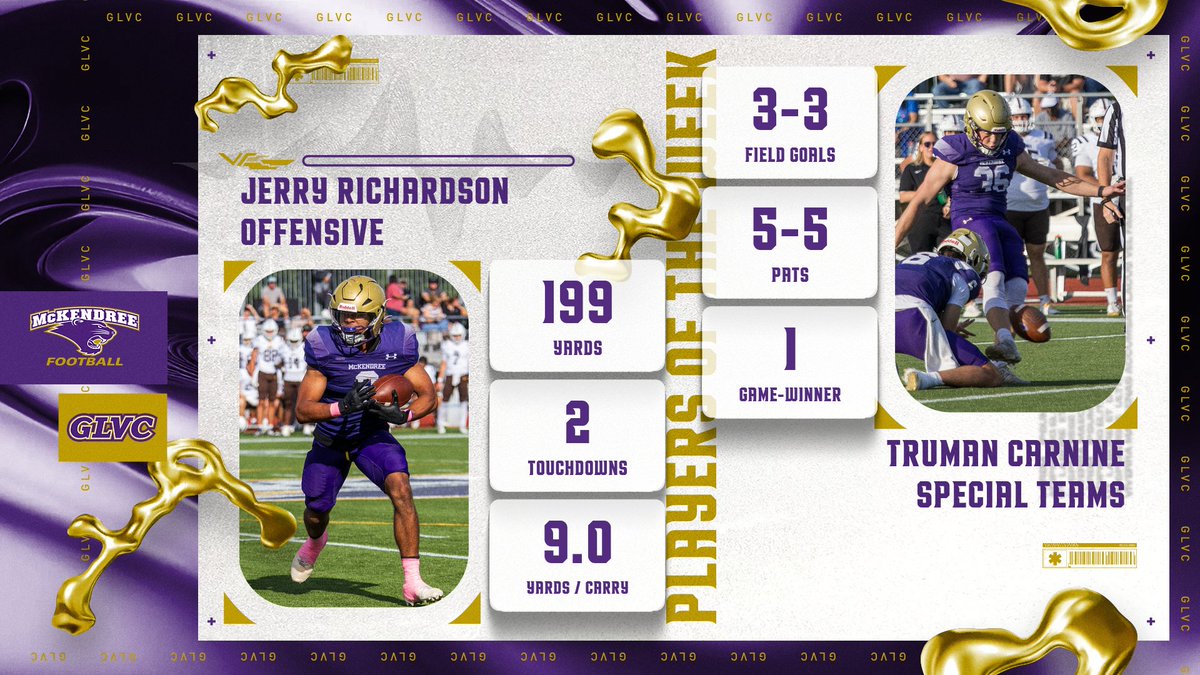 Mckendree_FB's tweet photo. Congratulations to Jerry Richardson and Truman Carnine for representing Bearcat Football as the GLVC Offensive and Special Teams Players of the Week!

This comes after their contributions to the 'Cats 46-43 OT thriller over Quincy on Saturday! https://t.co/J74ZXST6xc