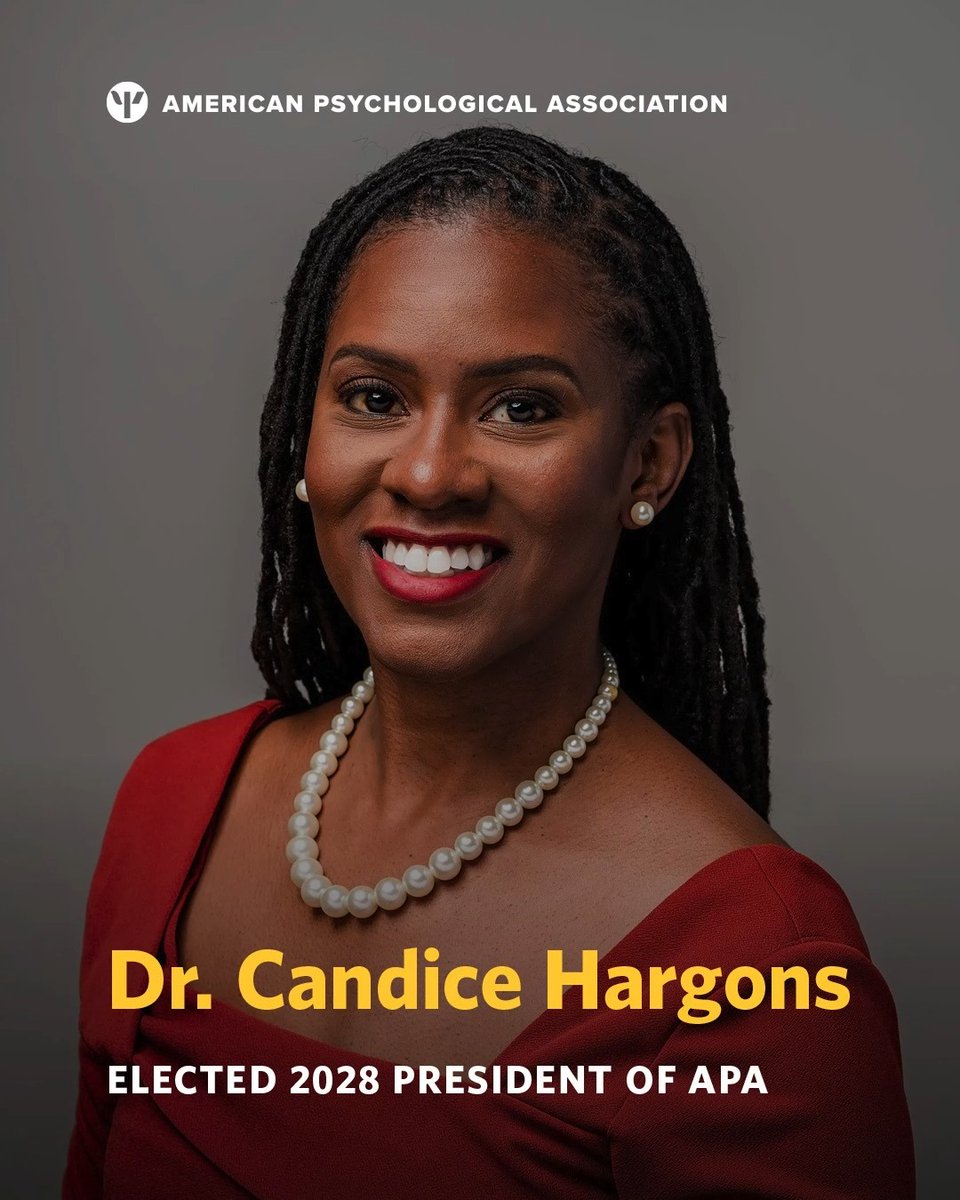 A promotional portrait for the American Psychological Association featuring Dr. Candice Hargons, a smiling Black woman with braided hair, a red dress, and a pearl necklace, announcing her as the elected 2028 President of APA.