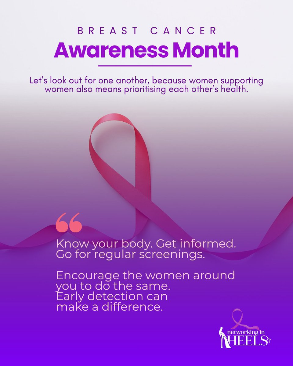 NetworkInHeels's tweet photo. Women supporting women means more than showing up for each other—it also means encouraging one another to prioritise our health.

🎀 A reminder from Networking In Heels: your health matters, and so does hers.

#BreastCancerAwarenessMonth #NetworkingInHeels https://t.co/cBheT2CO71