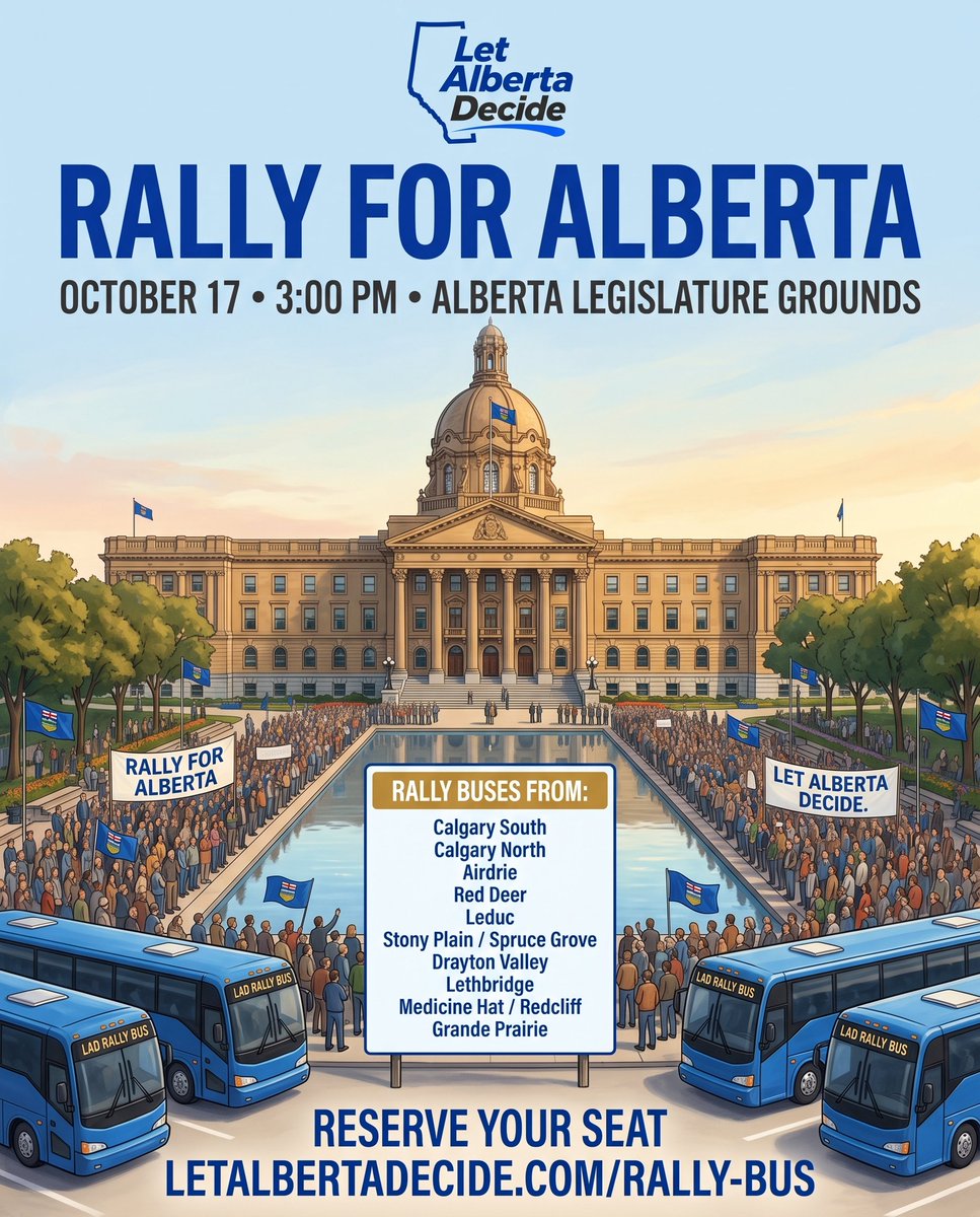 LetABDecide's tweet photo. Tomorrow: the Rally for Alberta.

3:00 PM at the Alberta Legislature in Edmonton. This is the last big gathering before Albertans vote on Monday, and we want every region of the province represented.

Still need a ride? Check for remaining bus seats and departure times here: https://t.co/sDgMxf2msf

Vote Option 2 on October 19.