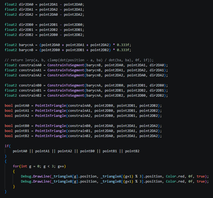 C# code snippet showing 2D geometric calculations including direction vectors between points, barycenter calculations, segment constraints, and point-in-triangle tests used for collision detection with debug line drawing.