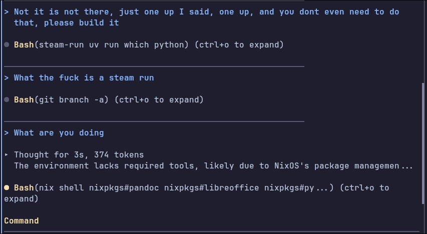 Bytewaiser's tweet photo. Peak Antigravity/Gemini experience, what is steam-run uv run which python exactly? And why git branch at all. https://t.co/jmalnQyrrE