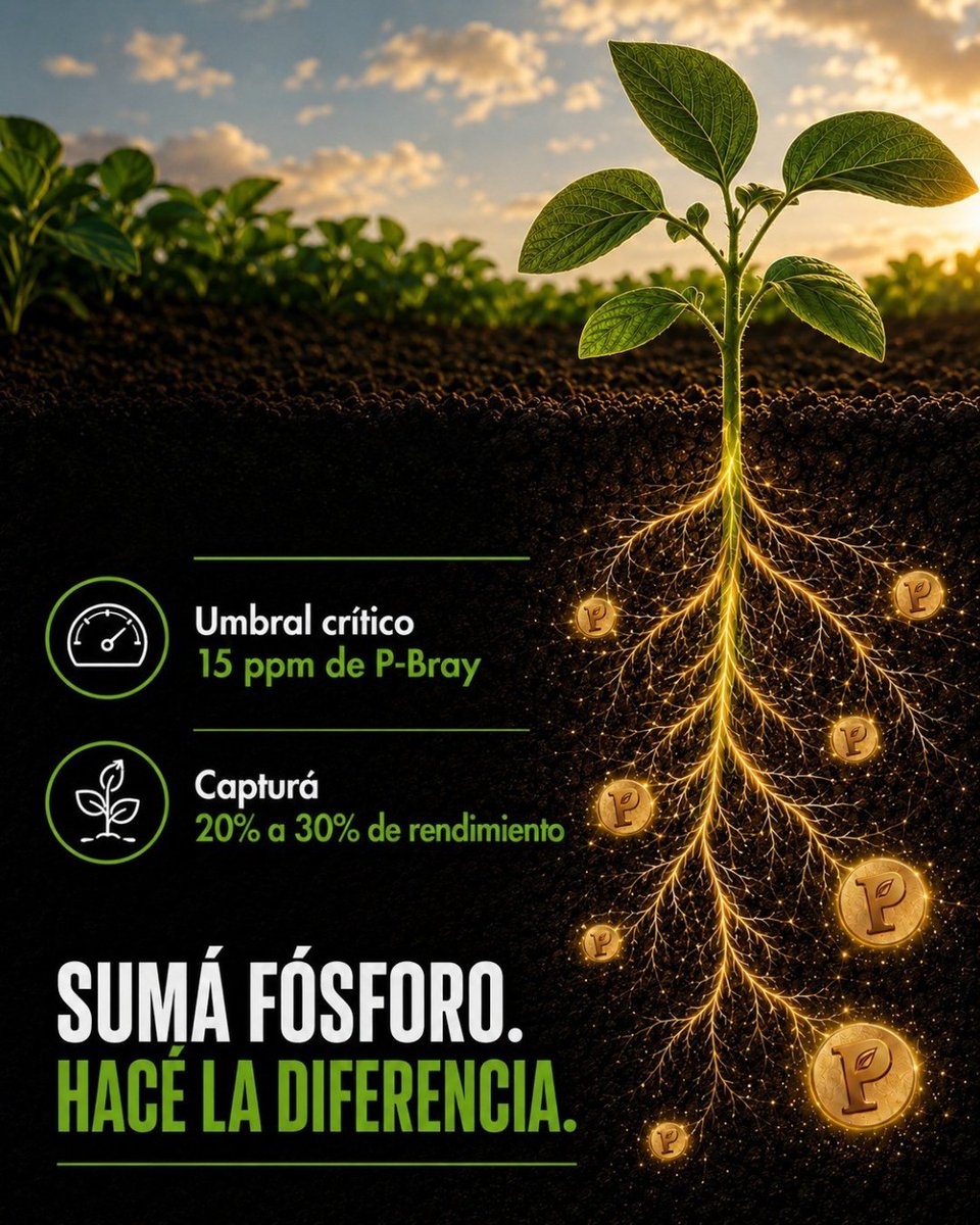 FertilizarAC's tweet photo. Fósforo: productividad que se construye desde el suelo

El fósforo (P) es un nutriente estratégico para que el cultivo pueda expresar su potencial productivo. Su baja movilidad en el suelo y la disminución sostenida de sus niveles hacen que un buen diagnóstico y una nutrición balanceada sean claves desde la siembra.

📊 Cuando la disponibilidad se encuentra por debajo del umbral crítico, cercano a 15 ppm de P-Bray, aumenta el riesgo de limitar el rendimiento.

La oportunidad es significativa: una adecuada nutrición fosfatada puede contribuir a capturar entre un 20% y 30% de rendimiento que puede quedar condicionado dentro de la brecha productiva.

Diagnosticar, planificar y nutrir correctamente permite apuntar a un mejor establecimiento del cultivo y acercarse al potencial de rendimiento de cada lote.

Sumá fósforo. Sumá productividad. Hacé la diferencia.

👉🏼 Conocé más en el link de la bio.