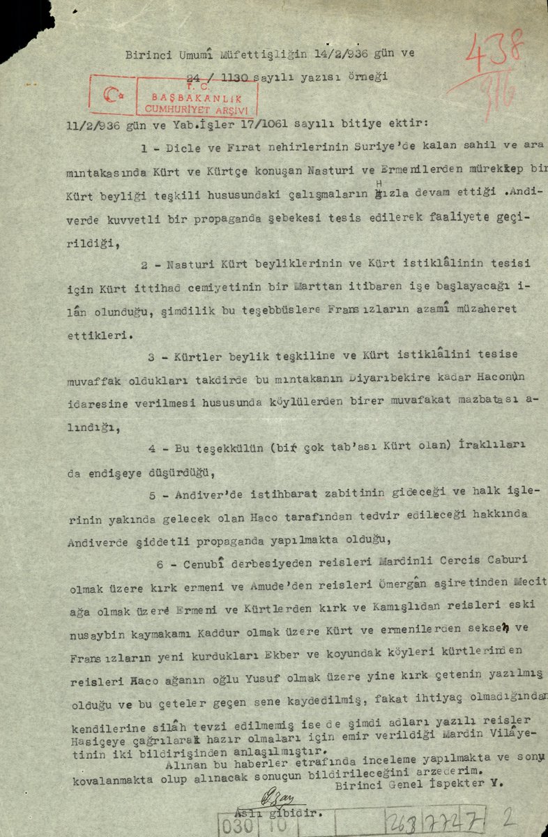 lordsinov's tweet photo. 1936 tarihli istihbarat raporu...

Kürtçü ve Ermeniciler, Suriye'nin Fırat ve Cizre mıntıkasında bir Kürt Beyliği kurmak için çalışmalar yapıyor. Başarılı olmaları halinde bir sonraki hedefleri Diyarbakır olacakmış.

Yüz yıldır aynı hedef... https://t.co/LrLLIDcLGn