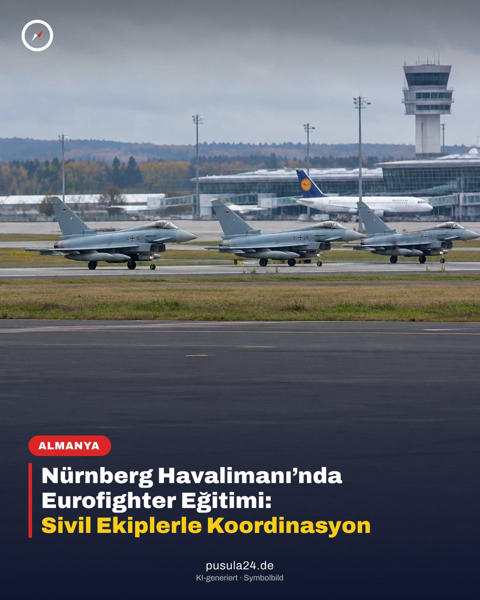Pusula24de's tweet photo. Üç Bundeswehr Eurofighter’ı, Nürnberg’in sivil havalimanında 5-9 Ekim arasında eğitim yapıyor. Çalışmada iniş-kalkışın yanı sıra askerî ve sivil ekiplerin koordinasyonu da var. Sizce sivil havalimanlarında bu tür tatbikatlar yapılmalı mı? #Pusula24 #Nürnberg https://t.co/ue5T9cTRZY