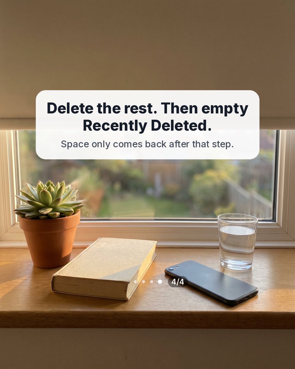 phonedietapp's tweet photo. Most screenshots do their job in ten seconds, then sit in your camera roll for years.

Photos > Media Types > Screenshots. Keep tickets and receipts, delete the rest, empty Recently Deleted.

Phone Diet: Clean Up Storage
https://t.co/1t2oOssXNp

#iPhone #PhoneTips #Declutter https://t.co/Zr29XXyOOH