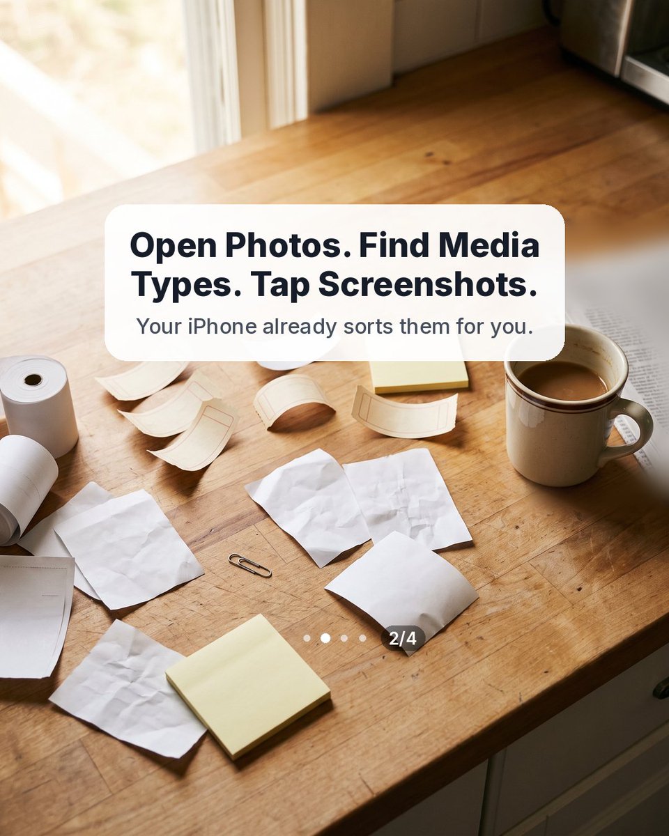 phonedietapp's tweet photo. Most screenshots do their job in ten seconds, then sit in your camera roll for years.

Photos > Media Types > Screenshots. Keep tickets and receipts, delete the rest, empty Recently Deleted.

Phone Diet: Clean Up Storage
https://t.co/1t2oOssXNp

#iPhone #PhoneTips #Declutter https://t.co/Zr29XXyOOH