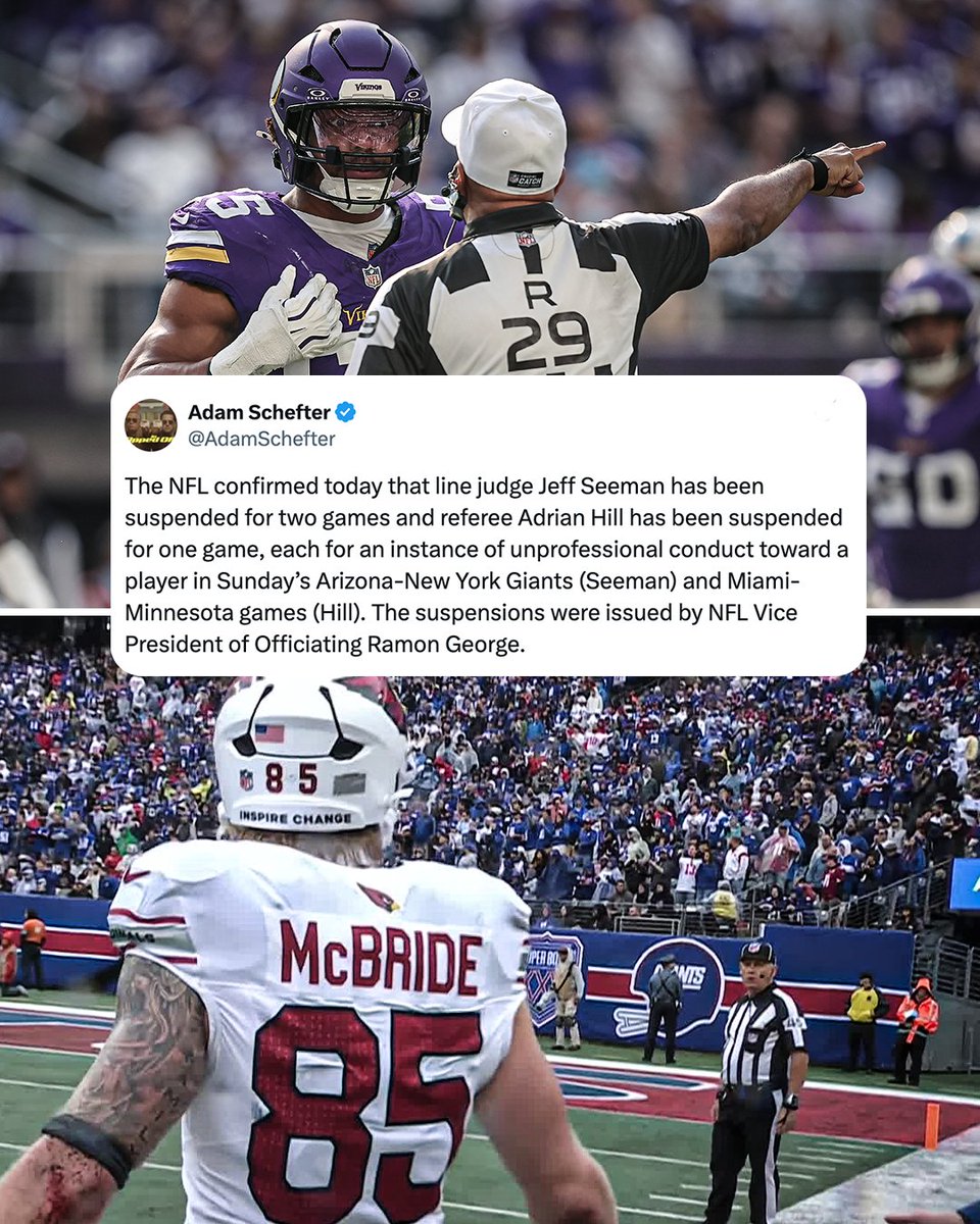 ESPNNFL's tweet photo. The NFL confirmed today that line judge Jeff Seeman has been suspended for two games and referee Adrian Hill has been suspended for one game, each for an instance of unprofessional conduct toward a player. https://t.co/C9fFkWWKvW
