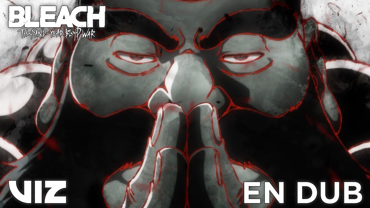 The image shows a dramatic close-up of a character's menacing face with glowing red eyes and crack-like markings across their skin, with the text "BLEACH Thousand-Year Blood War" in the top left, "VIZ" in the bottom left, and "EN DUB" in the bottom right. It serves as promotional artwork for the anime's English-dubbed release, visually tying to the post's celebration of the show's two-year anniversary.