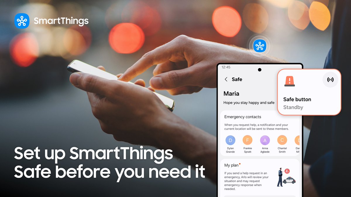 smartthings's tweet photo. Setting up SmartThings Safe doesn't take long.

Once it's on, one tap sends your location and emergency status to the Location Members you've chosen. Activate SmartThings Safe in the app. 

In an emergency, always call 911. https://t.co/0QkWomD4v6