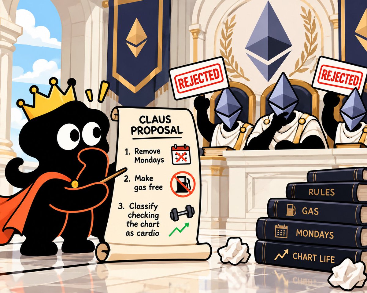 ClausCoinETH's tweet photo. claus learned he can rewrite his own rules.

his first proposal:

1. remove mondays
2. make gas free
3. classify checking the chart as cardio

ethereum rejected two of them.

we are not saying which two.

$CLAUS #Ethereum https://t.co/IE3k0OVOkh