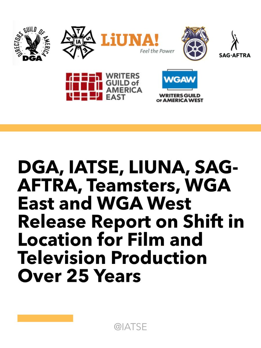 IATSE's tweet photo. A new study released today by IATSE and our fellow entertainment union kin found that the share of major studio production spending on U.S.-based films has dropped significantly over the last 25 years. Right now, thousands of middle-class jobs are at stake.

Congress can change this by passing the bipartisan Motion Picture, Television, and Entertainment Revitalization Act (MPTERA). Tell your representatives to act now here:
https://t.co/h8PJRM3P1m
