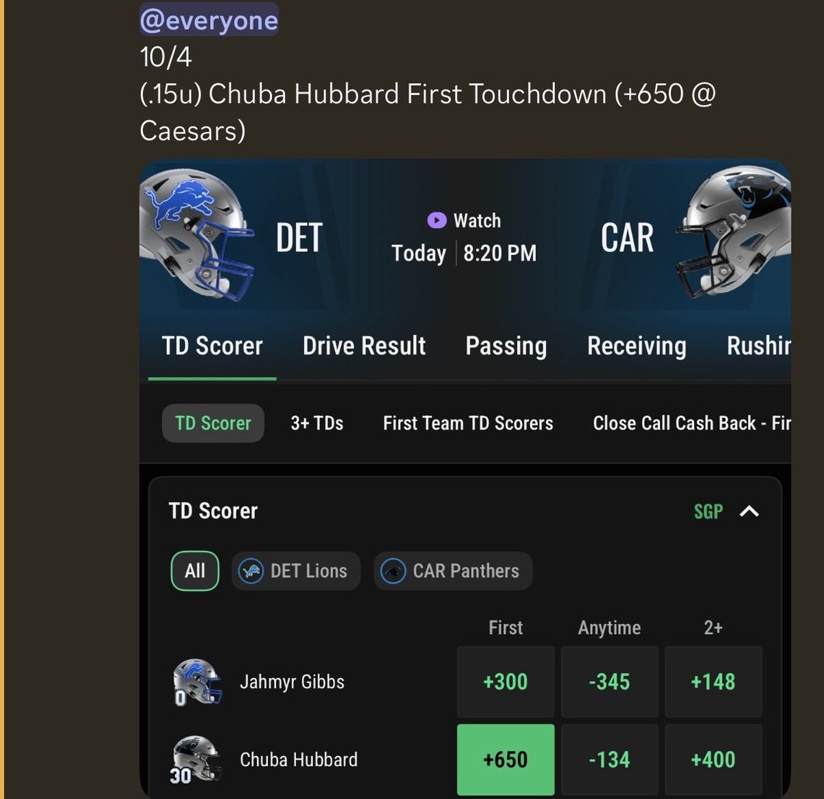 SGP_Parlay's tweet photo. Sunday Night Football was another good one 🙌

✅ Tetairoa McMillan Anytime TD
✅ Bryce Young o243.5 Passing Yards
✅ Jameson Williams o51.5 Rec Yards
✅ Chuba Hubbard First TD (+650)

These prime time games are treating us well 🔥 https://t.co/BmB78vkFZR