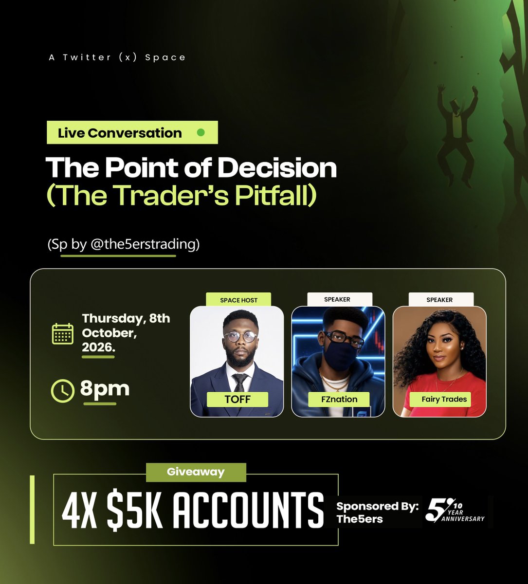 TheToff_'s tweet photo. The most dangerous place in trading is not the market.

It’s the moment your finger reaches the button.

Entry? Exit? Hold?

One click. One decision. No undo.

You either make the decision you’ll thank yourself for,

or the one that haunts you.

Topic: The Point of Decision (The Trader’s Pitfall)

Date: Thursday, 8th October, 2026

Time: 8PM. 

Host: @TheToff_ 

Speakers: @Fznation01 , @Fairy_Trades 

Sponsor: @the5erstrading

(Bonus: Like, Retweet, Engage this post to win any of the 4 X $5K @the5erstrading prop accounts)