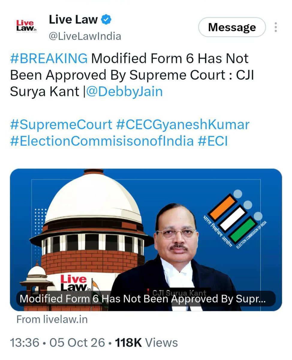 thevoicepinch's tweet photo. ⚖️ CJI सूर्यकांत का बड़ा बयान

🔴 “Form 6 में बदलाव को हमने अप्रूव नहीं किया था।”
— CJI सूर्यकांत

❓ इतना बोलकर क्या सुप्रीम कोर्ट का काम खत्म हो गया?

🏛️ अगर चुनाव आयोग ने सुप्रीम कोर्ट का नाम लेकर लिखित बयान में गलत दावा किया है, तो—

⚖️ झूठे दावे पर चुनाव आयोग को कोर्ट में बुलाइए।
📄 लिखित बयान की सच्चाई सामने लाइए।
🔍 जिम्मेदारी तय कीजिए।

🔥 तभी जनता जानेगी कि सुप्रीम कोर्ट वास्तव में सुप्रीम है।