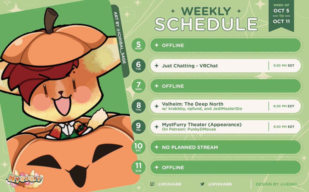 nyavarr's tweet photo. It is the start of OCTOBER!  I'm so excited to see all of you!  I can't wait <3  

Special Event on Friday!  Details and links in the Discord event: https://t.co/HcBfn7KPoI https://t.co/8ZGbo1ikf2
