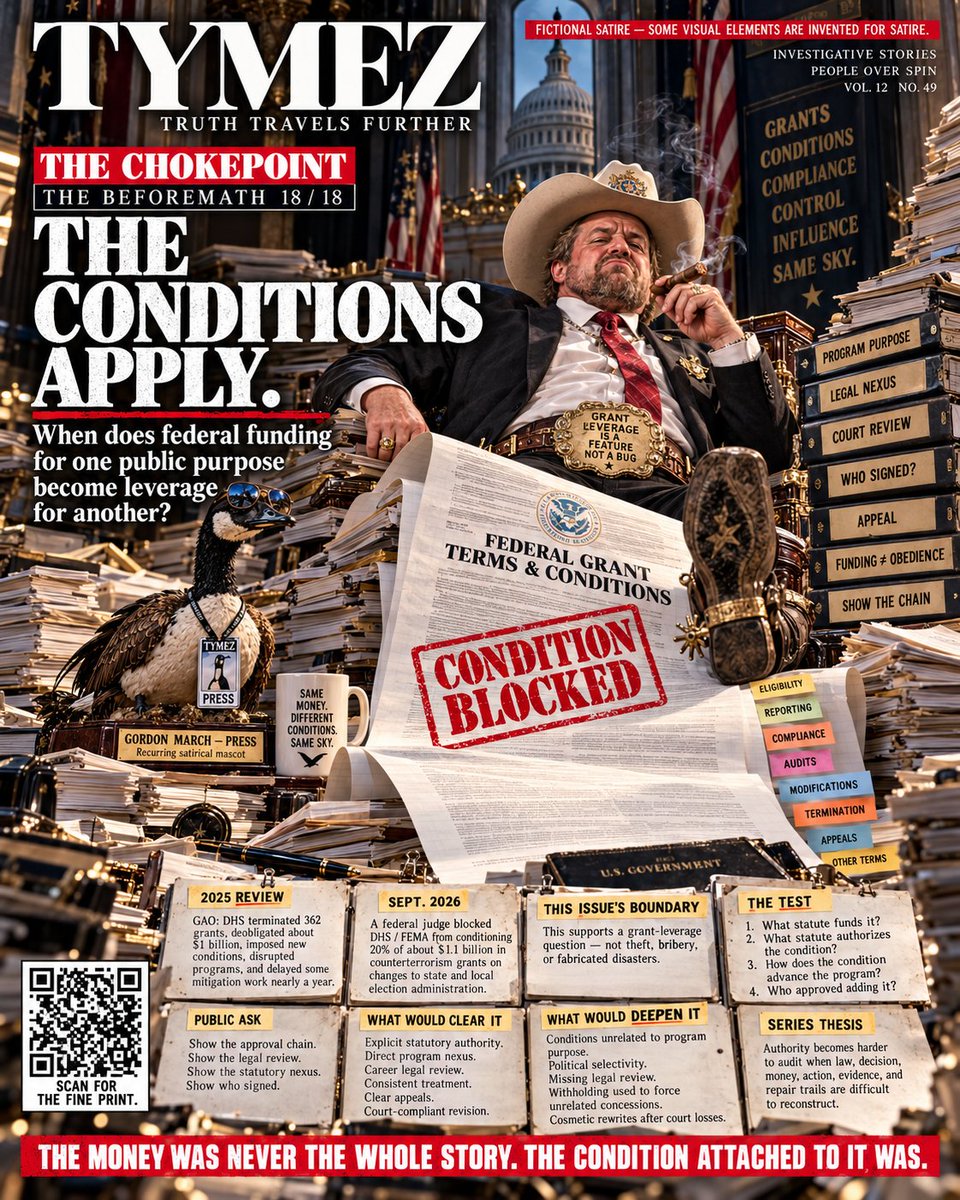 Tine0000002's tweet photo. TYMEZ // THE CHOKEPOINT — BEFOREMATH 18/18: READ THE FINE PRINT

@DHSgov @FEMA

Grant conditions can be lawful—and still need a statutory nexus. 

Publish the approval chain, legal review, and program-purpose analysis behind the 2026 conditions. https://t.co/1FmUE3R0b1