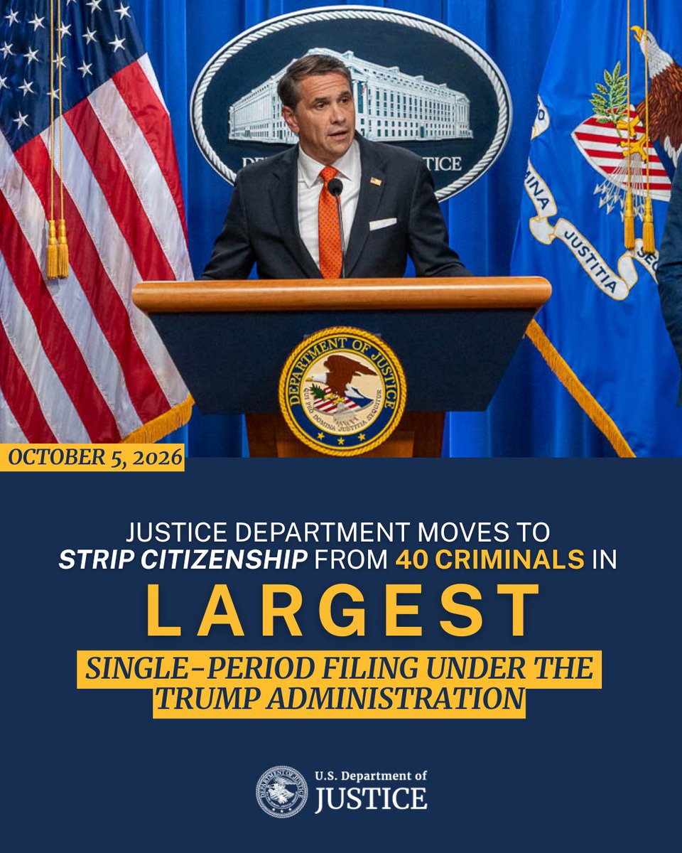 TheJusticeDept's tweet photo. The Justice Department has filed denaturalization actions in multiple U.S. district courts against 40 individuals accused of SERIOUS OFFENSES, including:

🔴 Acting as an agent for a foreign government
🔴 Committing voluntary manslaughter
🔴 Aggravated sodomy against a special‑needs man

…and more.

“Today’s announcement marks the largest denaturalization effort in modern history,” said @AGToddBlanche. “From an individual convicted of espionage to others convicted of sexual offenses against minors, these defendants concealed critical facts from the U.S. government and represent serious criminal offenders. Under @POTUS Trump’s leadership, this Department of Justice will continue to employ the denaturalization process to maintain our national security and protect the American people.”

Read more about each case here: https://t.co/FO8ZVihtDa