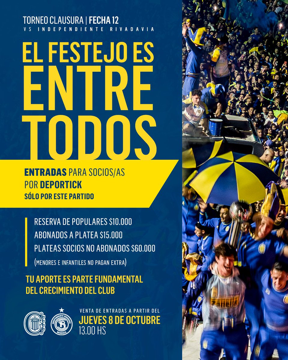 RosarioCentral's tweet photo. 🏟️🇺🇦 Localidades 🆚 Independiente Rivadavia

Por este partido, de manera extraordinaria, la reserva de populares y plateas para abonados/as tendrá costo. El expendio comenzará este jueves 8/10 a las 13 hs por Deportick.

Reserva a Popular: $10.000
Abonados/as a Platea: $15.000
Platea para socios/as no abonados: $60.000

Más info 📝 https://t.co/qmOXIwGPJy