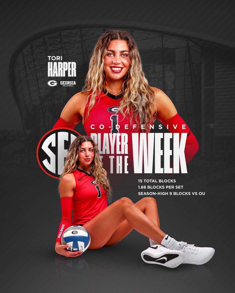 UGAVolleyball's tweet photo. 🙌 Tori Harper is this week's @SEC Co-Defensive Player of the Week‼️

#GROW | #GoDawgs https://t.co/mCza7YkUmW