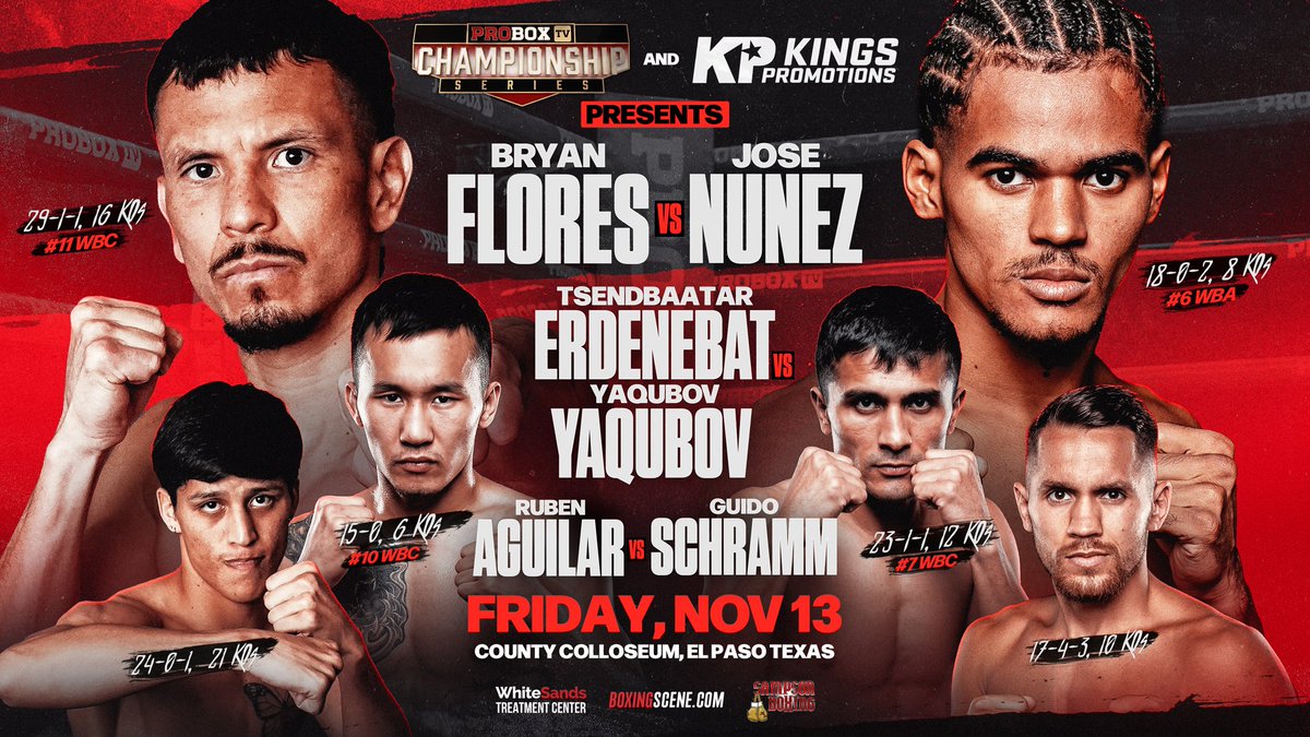 bigmediabuzz's tweet photo. Bryan Flores to face Jose Nunez in battle of top-ranked super lightweights, live on ProBoxTV, November 13, from El Paso, Texas 

READ MORE: https://t.co/m6vxY3K9ft

@DanielRubinPBTV @ProBox_TV @MaxCalendrillo 
@BomacBrian @GarciaBoxing @boxingscene @BOXINGnBBQ @SampsonBoxing @pugboxing 
@tomosivers #FloresNunez