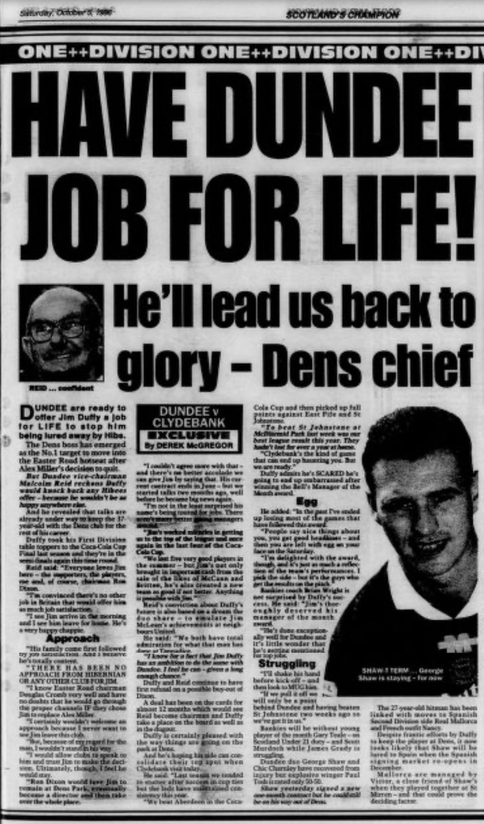 MyPersonal90s's tweet photo. Oct 5, 1996 | @Record_Sport 

Dundee were set to offer Jim Duffy a contract for life with Hibs keen to appoint him.

Notable, this would’ve been Duffy’s 33rd season in charge at Dens Park this year had it happened… https://t.co/pL0uD8zuEI