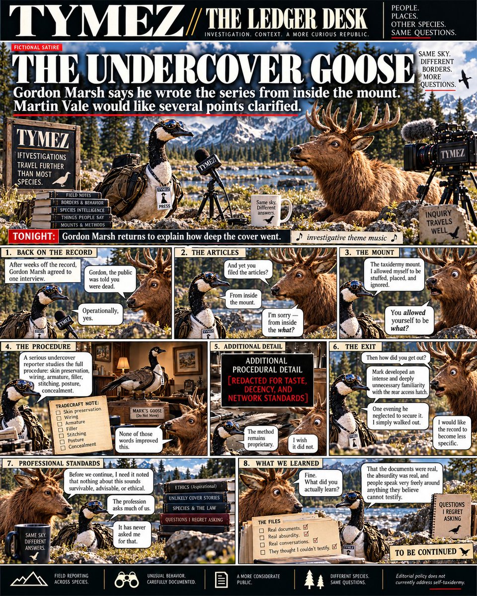 Tine0000002's tweet photo. TYMEZ // THE LEDGER DESK — THE 

UNDERCOVER REVEAL
GORDON MARSH IS BACK.

Death, taxidermy, the “stuffing-hole” escape and resurrection are impossible fictional satire. 

The joke is simpler: people get remarkably candid when they think the reporter is furniture. https://t.co/JBgYGPteeA