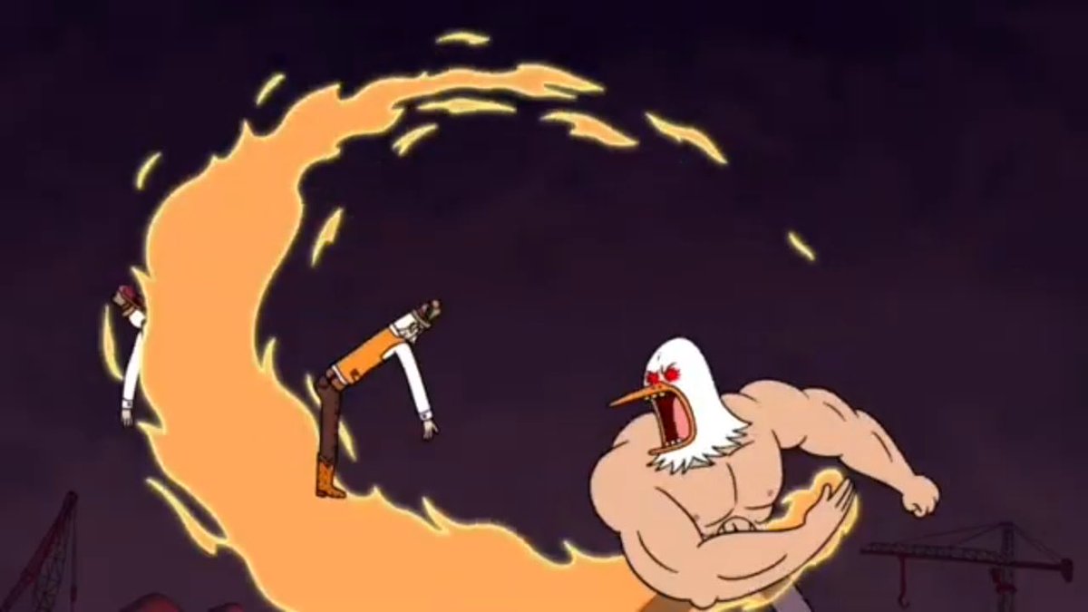 An animated scene featuring a muscular, screaming character with a bird-like head swinging a flaming whip at two human figures against a dark background.